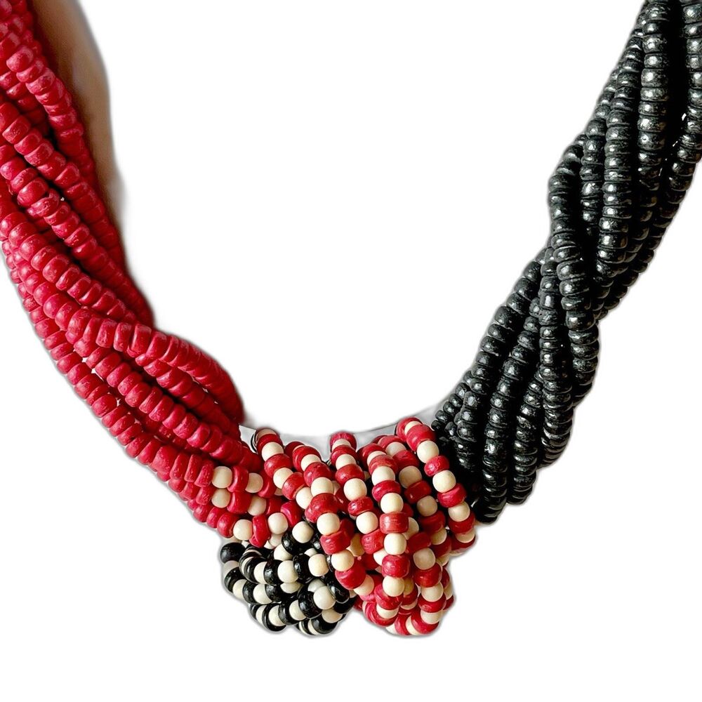 Vintage Necklace Coco Wood Red & Black Twisted & Knotted 24” Retro Fashion Vtg